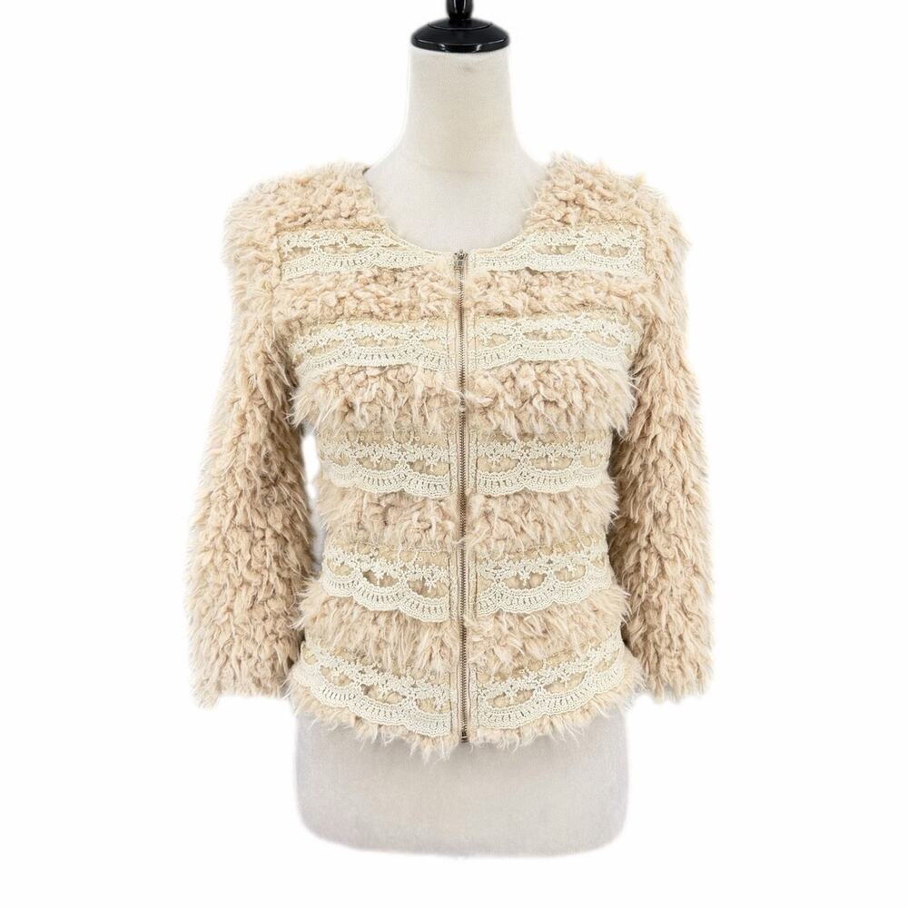 Anthropologie A’reve NEW Cream Fuzzy Faux Fur Lace Cropped Cottagecore Jacket